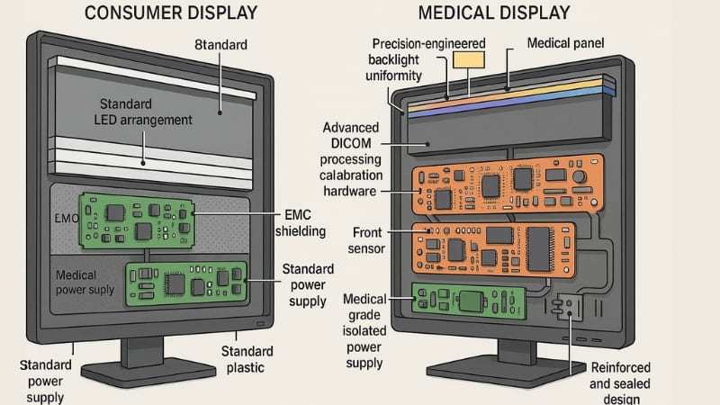 Diagram showing complex internal components of a medical display vs a consumer display