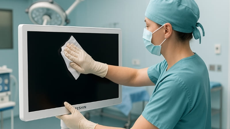A 24-inch monitor being wiped down for cleaning in a medical setting