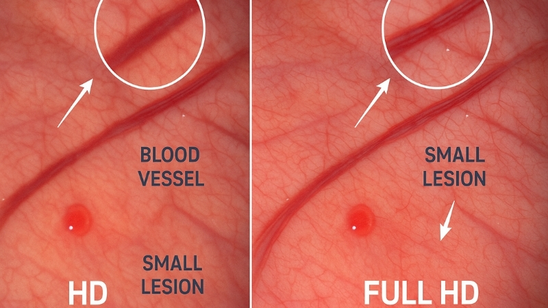 Split screen showing the same medical image in HD and Full HD, highlighting detail differences