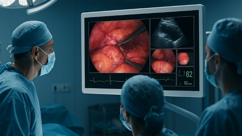 Surgeon looking intently at a large monitor displaying multiple feeds during a complex procedure