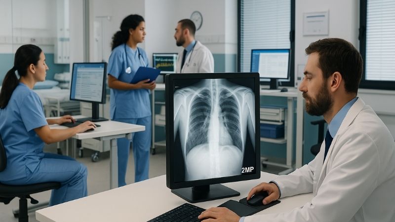 Photo of a modern general clinic or emergency room setting with multiple monitors in use