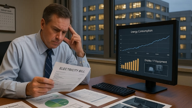 An accountant looking at high electricity bills with a hospital in the background