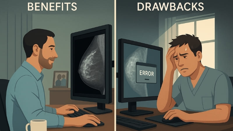 Split image: one side a radiologist comfortably working from home, other side a potential issue like poor lighting