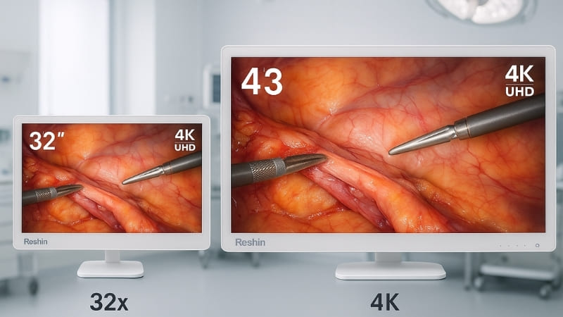 Image showing a 32-inch and a 43-inch Reshin surgical monitor side-by-side