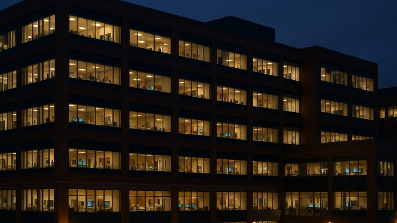 A large hospital building示意图，highlighting many windows representing many rooms with displays