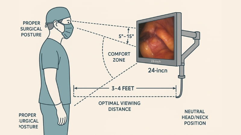 An illustration showing ergonomic viewing distances and angles for a surgeon with a 24-inch monitor