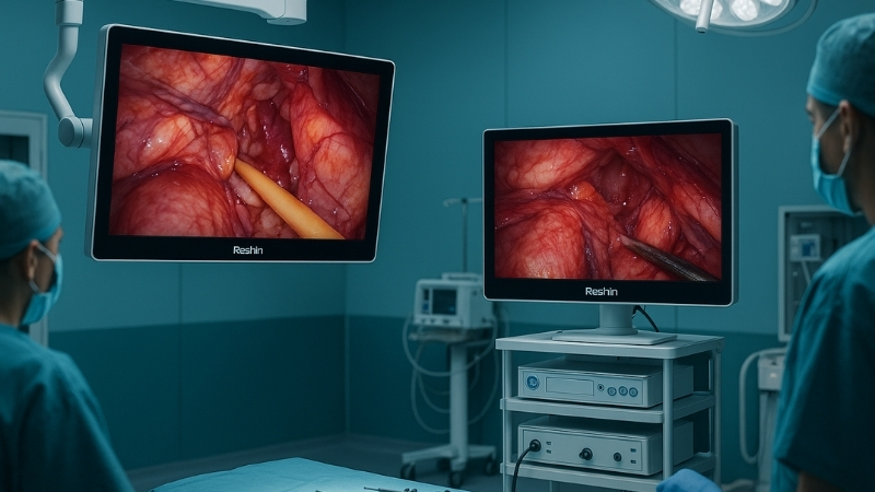 A modern operating room setup with multiple Reshin Full HD monitors