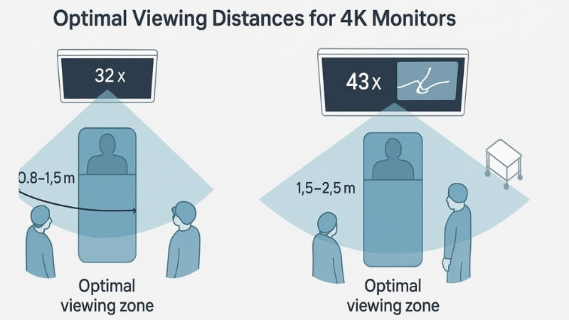 Diagram illustrating optimal viewing distances for 32-inch and 43-inch 4K monitors
