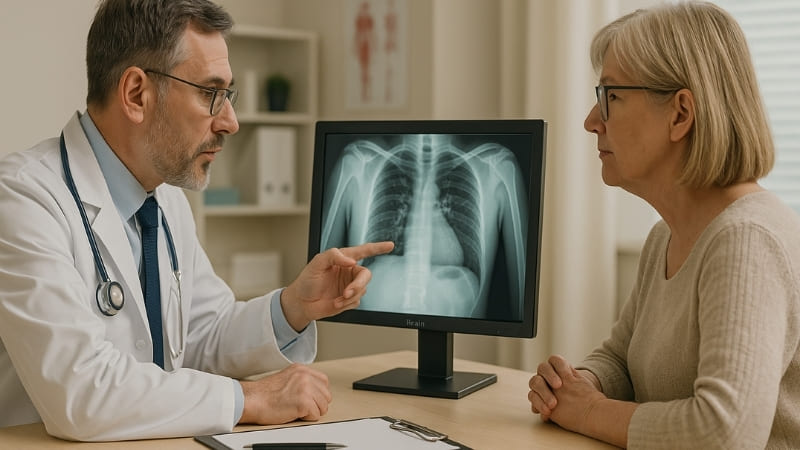 Image of a doctor in a primary care clinic using a 1MP monitor to show a patient a simple X-ray or chart