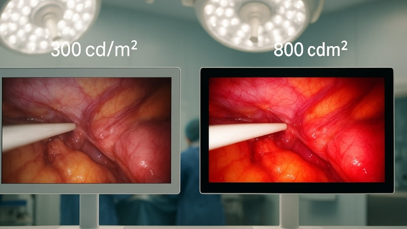 Image comparing two monitors side-by-side: one dim and washed out under OR lights, one bright and clear