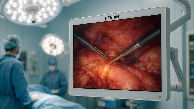 Image of a brightly lit operating room with a Reshin surgical monitor clearly displaying a surgical image
