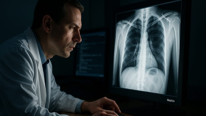 Image of a radiologist examining a chest X-ray on a bright Reshin diagnostic monitor