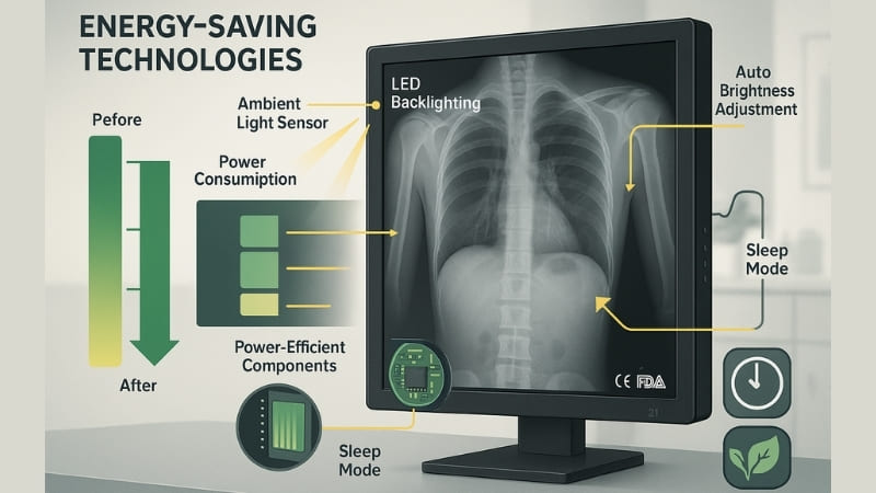 Medical display with icons showing energy-saving features like LED, auto-brightness sensor