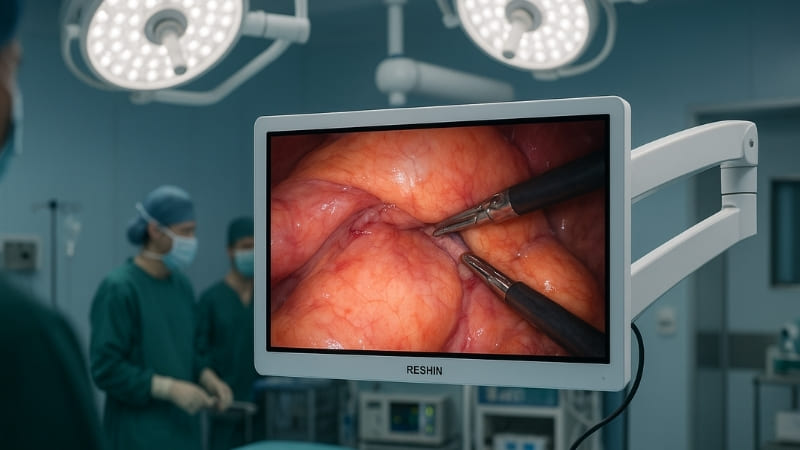 A 24-inch Reshin endoscopic monitor mounted on a surgical boom in an OR