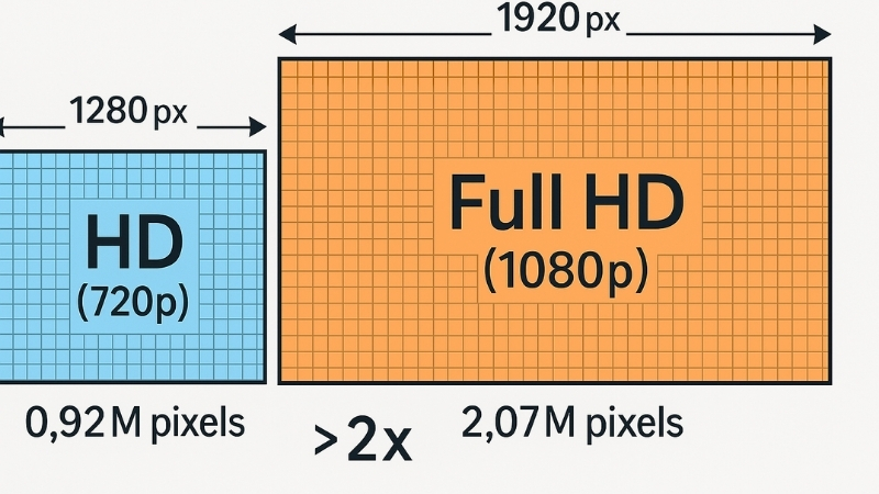Diagram illustrating pixel dimensions of HD (720p) vs Full HD (1080p)