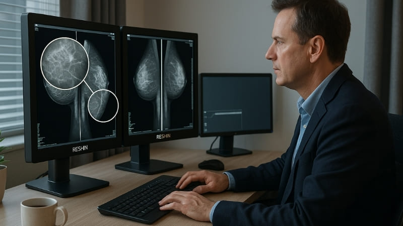A radiologist's home office setup for teleradiology with Reshin monitors