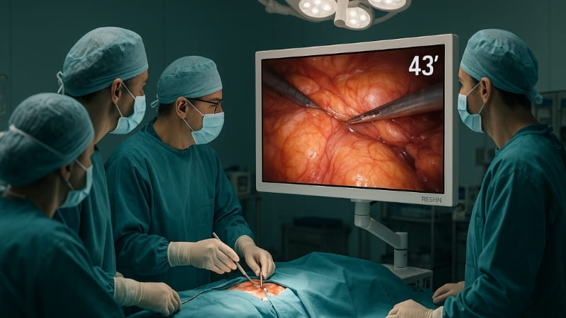 Surgical team collaborating around a large 43-inch monitor in an OR