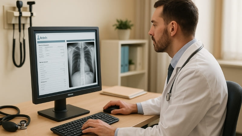 Image displaying a 1MP Reshin diagnostic monitor in a clinical setting, perhaps a doctor's office