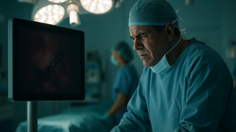 Image illustrating a surgeon squinting or struggling to see details on a dim monitor in an OR