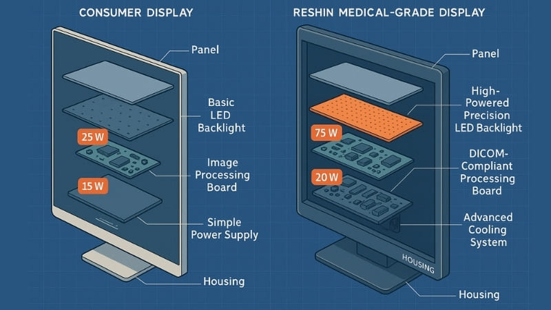 Comparison of internal components of a medical display versus a consumer display highlighting complexity