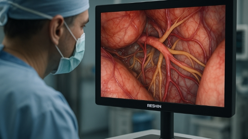 A surgeon intently viewing a detailed image on a Reshin medical monitor