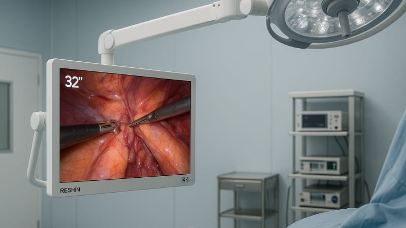 A 32-inch monitor mounted on an articulating arm in a compact OR space