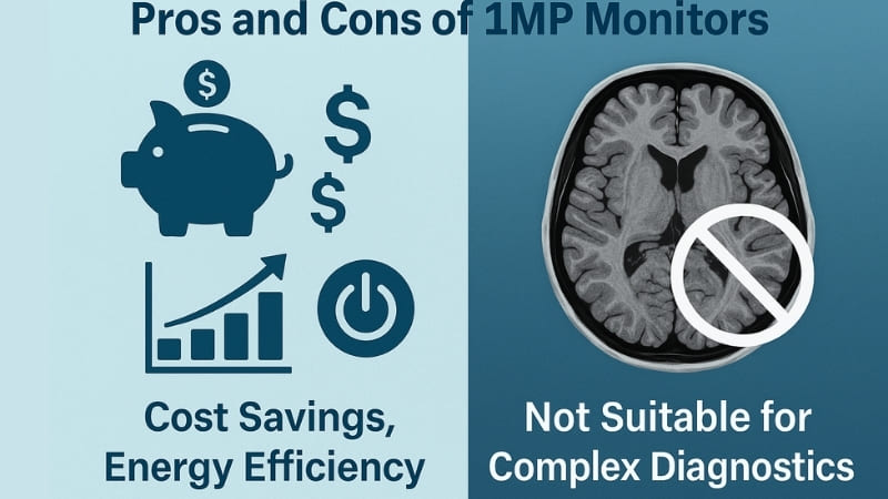 Split image: one side showing a piggy bank (cost saving), other side showing a complex medical image with a 'not suitable' icon over it