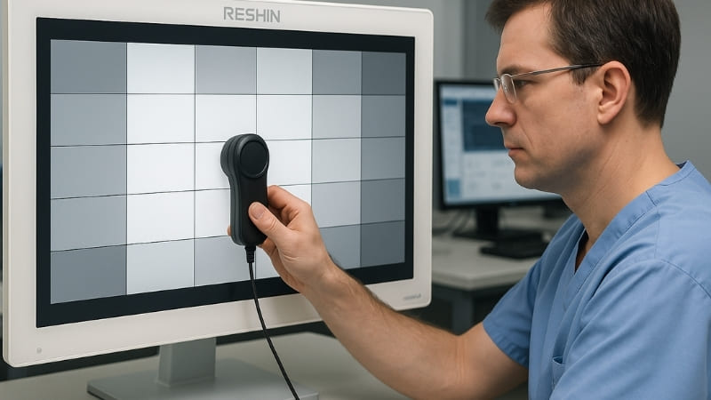 Image of an engineer performing a brightness uniformity test on a Reshin surgical monitor