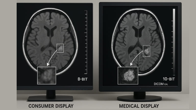 Side-by-side comparison of a medical image on a consumer vs medical monitor