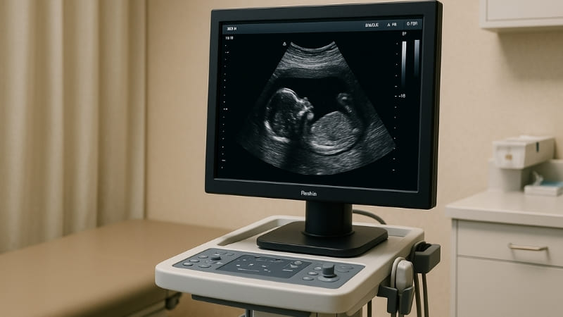 Image of a basic ultrasound image displayed on a 1MP monitor, perhaps on a mobile cart