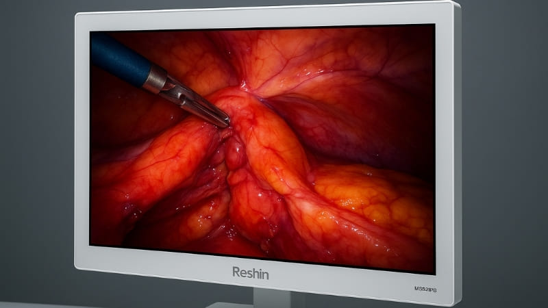 Image of a Reshin surgical monitor displaying a vibrant, clear surgical image, with the Reshin logo subtly visible