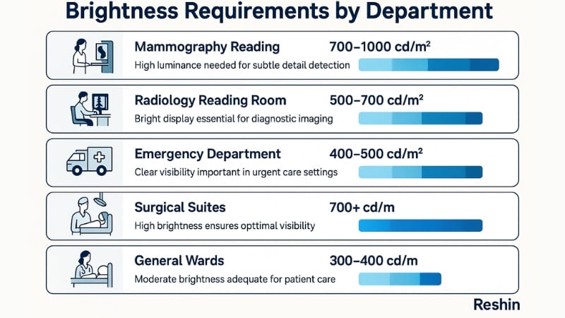 Infographic showing different hospital departments with their recommended monitor brightness levels