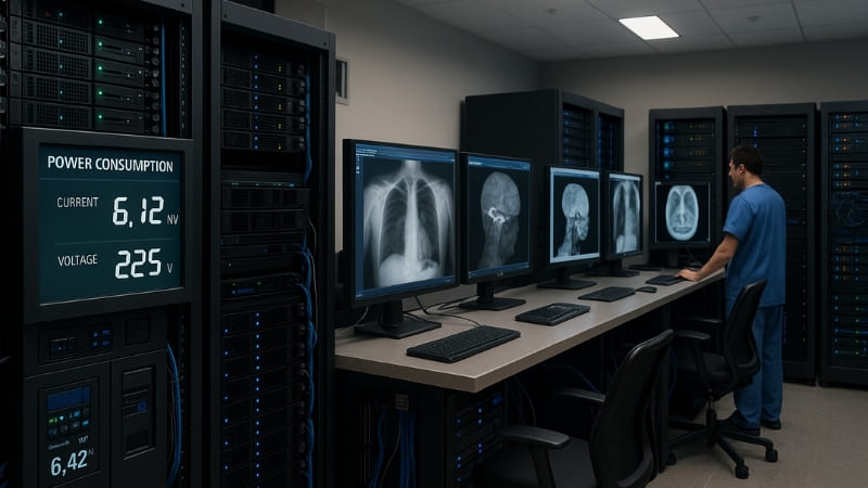 A server room with many monitors, symbolizing high energy use in hospitals