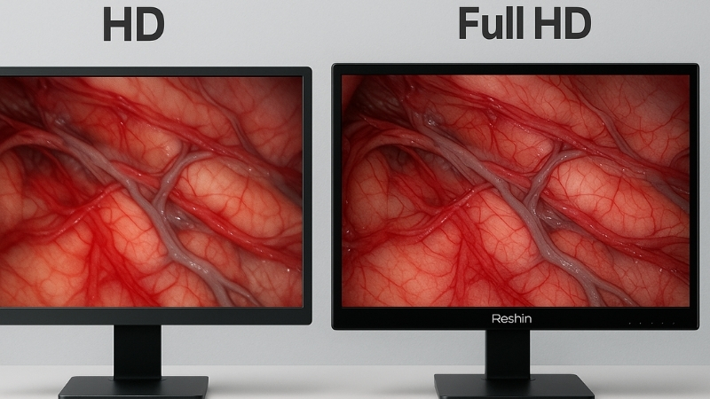 Side-by-side comparison of an anatomical image on an HD vs Full HD Reshin monitor