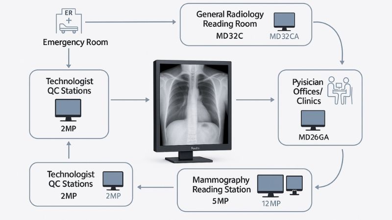 Diagram illustrating a hospital workflow with different Reshin monitor types (2MP, 3MP, 5MP) in various areas like ER, radiology, clinic