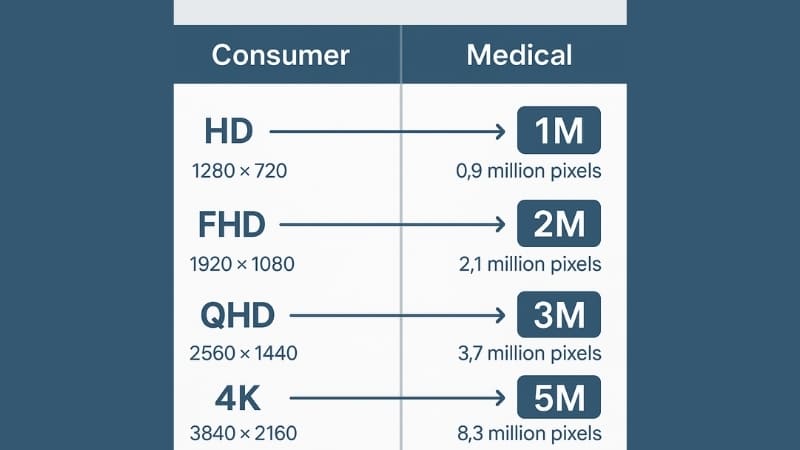 Comparison of different monitor labels like HD, FHD, QHD, 4K versus medical labels like 1M, 2M, 3M, 5M
