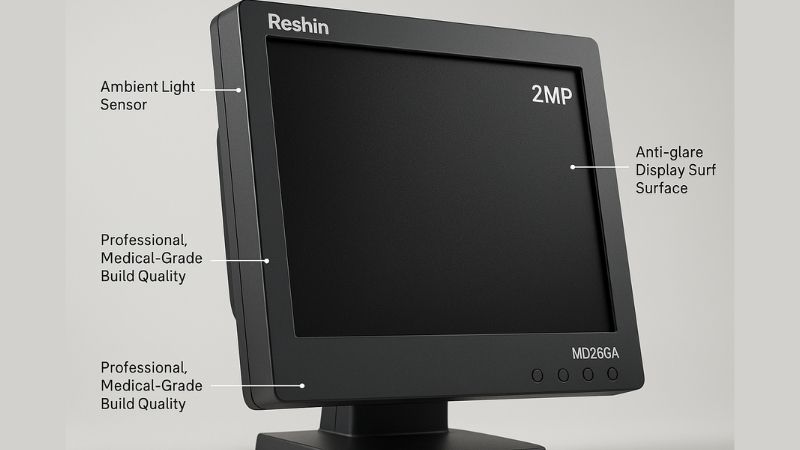 Close-up image of a Reshin 2MP monitor, perhaps highlighting its ambient light sensor or sleek bezel design