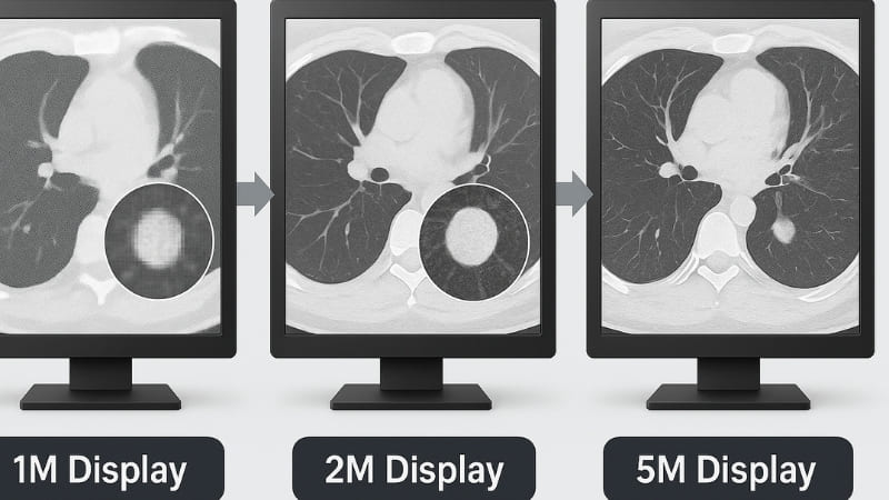 Side-by-side visual comparison of the same medical image detail (e.g., lung nodule) on 1M, 2M, and 5M displays showing increasing clarity