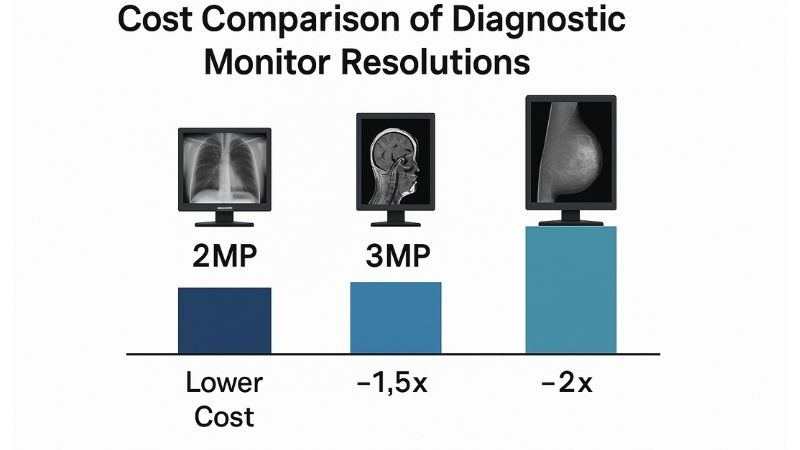 Conceptual graphic comparing the relative costs of 2MP, 3MP, and 5MP diagnostic monitors