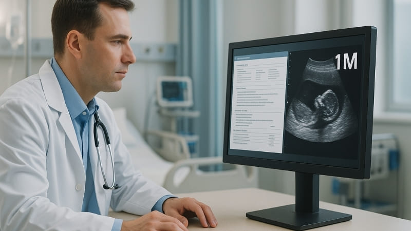 Doctor reviewing patient chart or a simple ultrasound image on a 1M monitor in a clinical ward setting