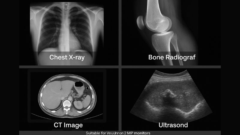 Collage of medical image types suitable for 2MP display: chest X-ray, bone scan, CT slice overview
