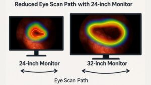 Comparative illustration showing more compact eye scan paths on a 24-inch monitor versus wider paths on a larger monitor for endoscopic viewing, demonstrating reduced eye movement and fatigue, highlighting surgical monitor ergonomics.