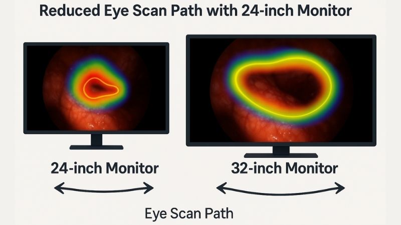 Comparative illustration showing more compact eye scan paths on a 24-inch monitor versus wider paths on a larger monitor for endoscopic viewing, demonstrating reduced eye movement and fatigue, highlighting surgical monitor ergonomics.