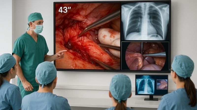 Education scenario using 43-inch screen for demonstrations