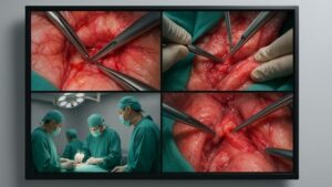 A 43-inch monitor displaying multiple camera angles clearly and crisply, showcasing its ability to present varied surgical perspectives effectively.