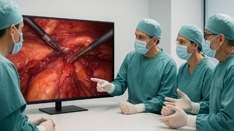 Surgeons engaging with a 43-inch surgical monitor during a demonstration