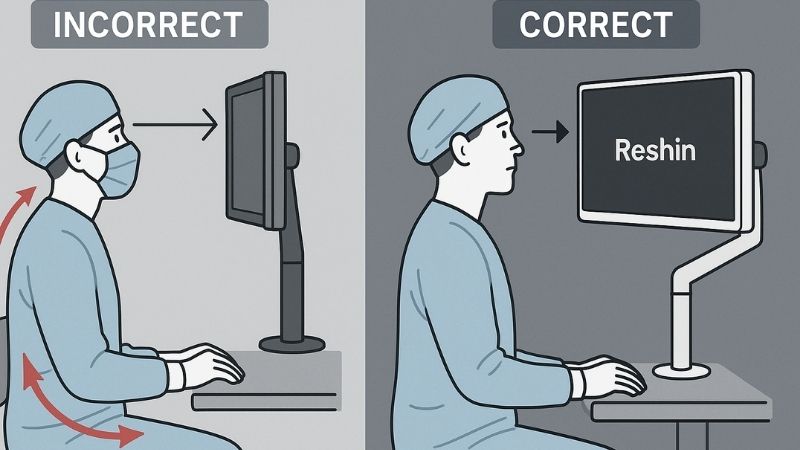 Image showing correct and incorrect monitor placement relative to a surgeon