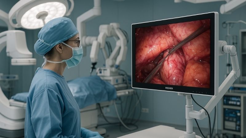 Surgeon using a 27-inch surgical monitor in a hybrid OR