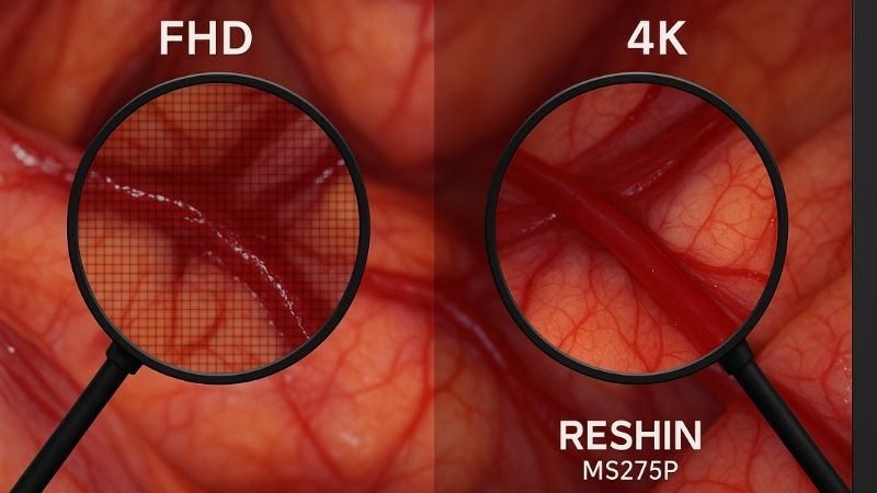 Close-up of pixel density comparison between FHD and 4K monitors