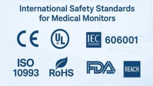 Collage of key international safety certification logos (CE, UL, IEC 60601, RoHS, FDA) demonstrating global compliance for medical monitors and healthcare equipment safety.